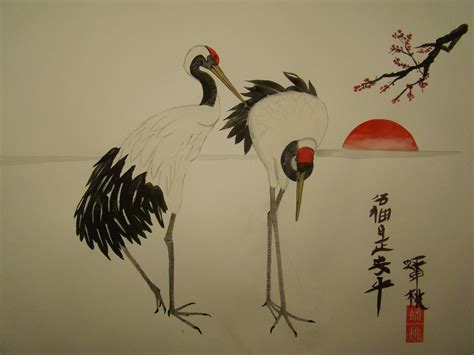 Veronique F.C. Renard - visual artist: Japanese cranes with setting sun gouache brush painting