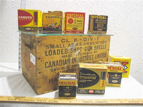 Old Wooden Ammunition Crate & 8 Vintage Shot Gun Shell Boxes