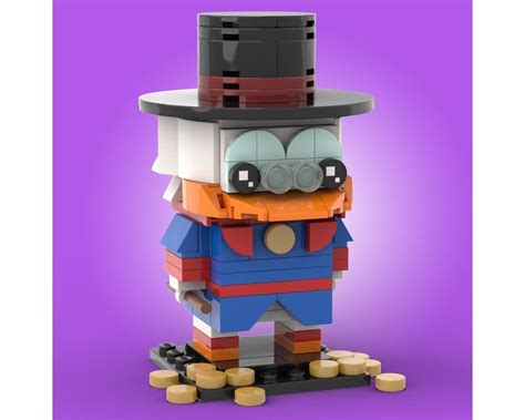 a lego figure with a top hat and glasses on it's head, standing in front of a purple background