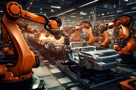 Premium AI Image | Robotic assembly line in an automotive factory