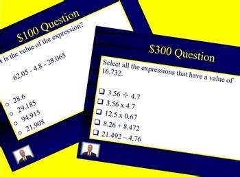 5th Grade Math Jeopardy- Decimal Operations GOOGLE SLIDES AND POWERPOINT