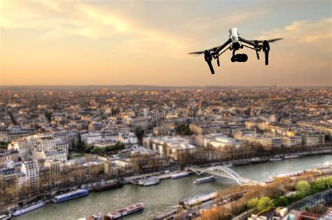 Drone Flying Above Paris City Panorama Stock Photo - Image of robot, equipment: 68212182