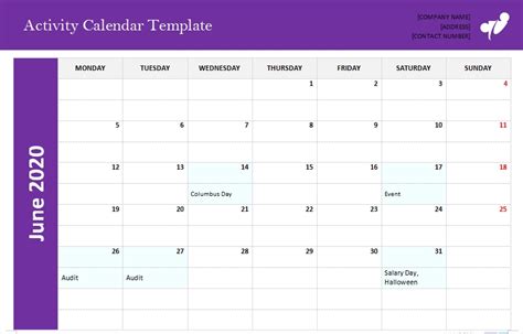 Calendar Of Activity Template - Correy Coretta