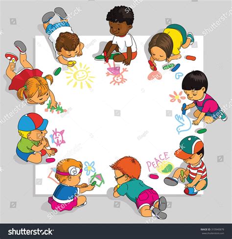 Group of happy children draw on a large sheet of paper. #Ad , #affiliate, #children#happy#Group# ...