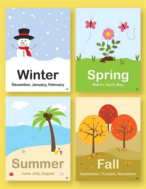 four seasons cards with trees, flowers and snowmen