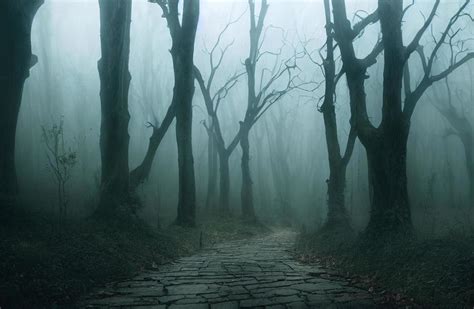 Landscape of haunted mist forest with pathway dark background, creepy and scary concept, 3d ...