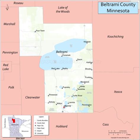 Map of Beltrami County, Minnesota showing cities, highways & important places. Check Where is ...