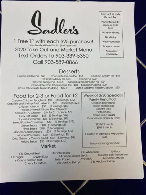 Menu at Sadler's Kitchen restaurant, Jacksonville