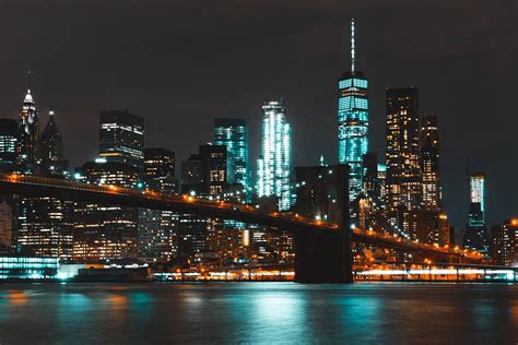 Bridge Brooklyn Bridge Buildings City City Lights Dark Evening Lights ...