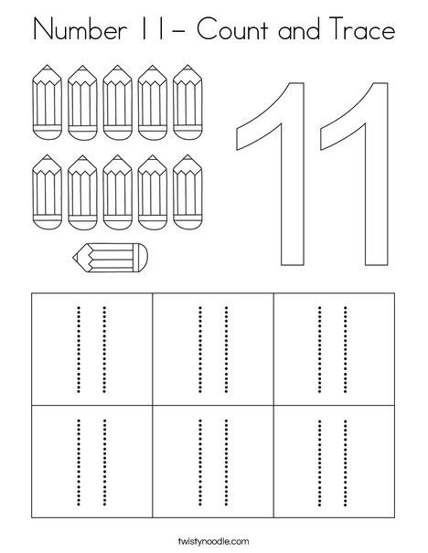 Number 11- Count and Trace Coloring Page - Twisty Noodle