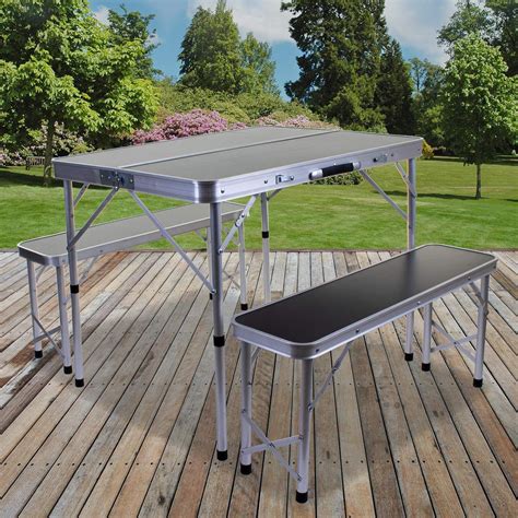 Marko Outdoor Portable Folding Camping Table & Bench Set Outdoor Picnic Trestle Aluminium Seat ...
