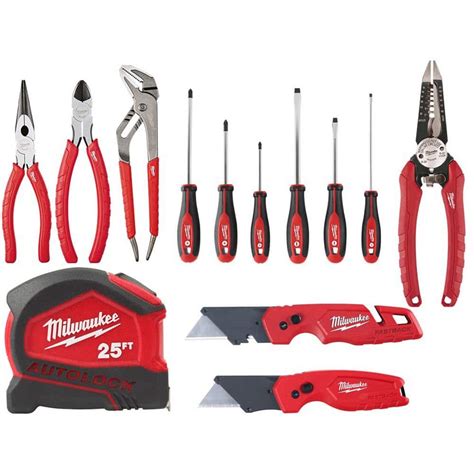 Milwaukee Pliers Kit with Screwdriver Set, 25 ft. Auto Lock Tape Measure, and FASTBACK Utility ...