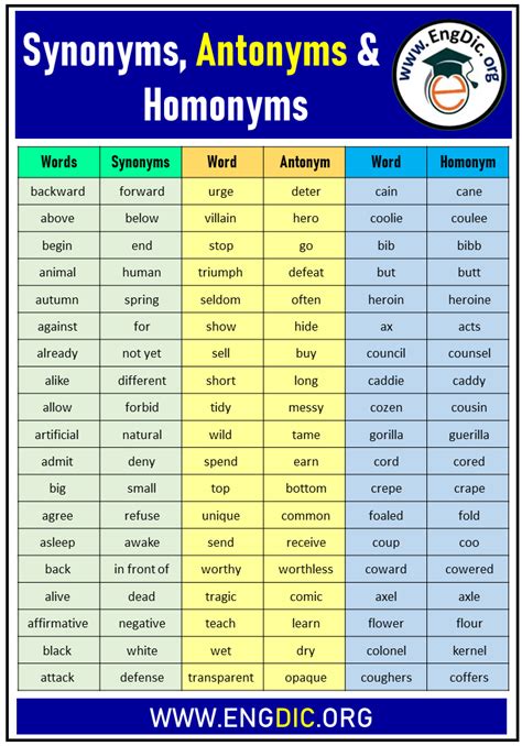 Synonyms, Antonyms and Homonyms Words List Examples - EngDic