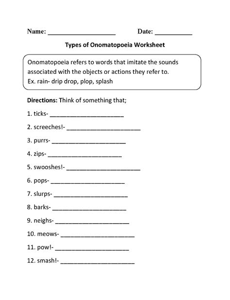 Onomatopoeia Worksheets | Types of Onomatopoeia Worksheet | Poetry analysis worksheet ...