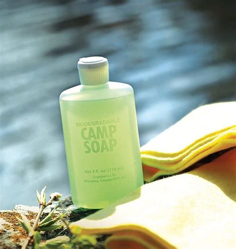 A bottle of biodegradable camp soap that can be used as body wash, laundry detergent, and dish ...