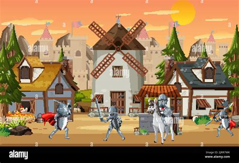 Medieval village scene castle background illustration Stock Vector Image & Art - Alamy