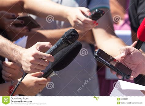 Media Interview. Broadcast Journalism. News Conference. Microphones ...