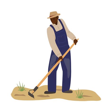 hombre africano en overol y sombrero de paja trabajando en el campo con azada. hombre negro ...