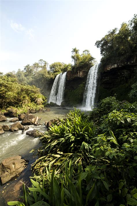 Powerful waterfalls in green jungle against blue sky · Free Stock Photo