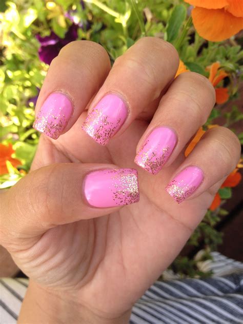 Acrylic Nail Design, pink gel polish with gold glitter. Beauty Zone, Petaluma CA.