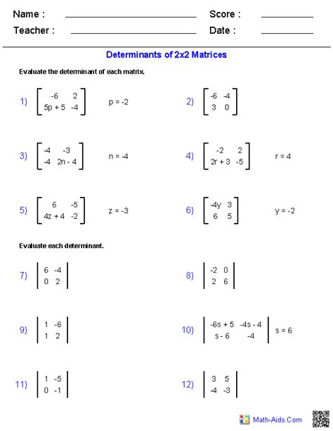 Algebra 2 Worksheets | Matrices Worksheets