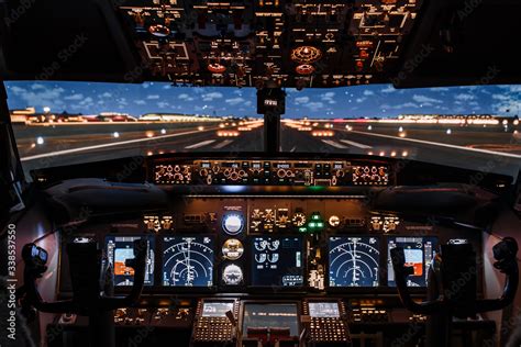 Dramatic Full view of cockpit modern Boeing aircraft before take-off ...