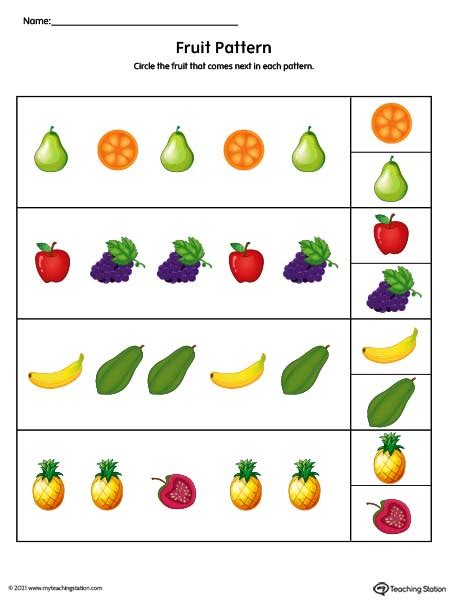 Repeating Pattern Worksheet: Fruits (Color) | MyTeachingStation.com