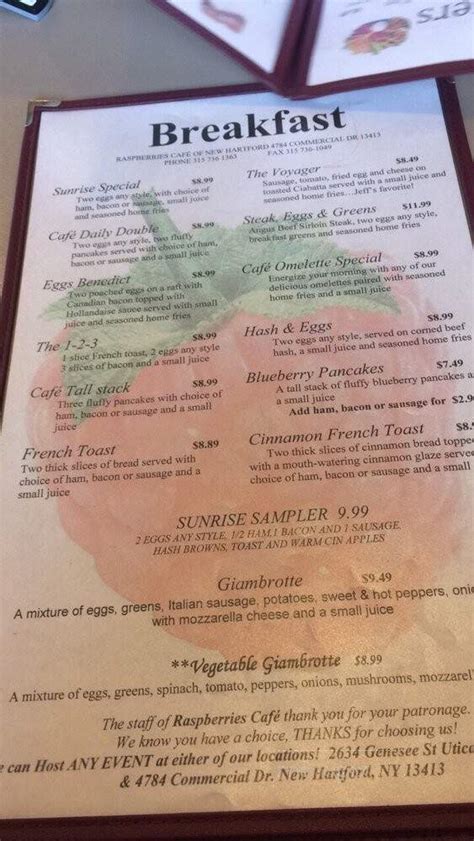 Menu of Raspberries Cafe & Creamery in New Hartford, NY 13413