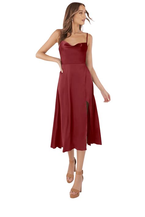 Azazie A-Line/Princess Boatneck Tea-Length Stretch Satin Bridesmaid Dresses - Pomeg… | Stretch ...