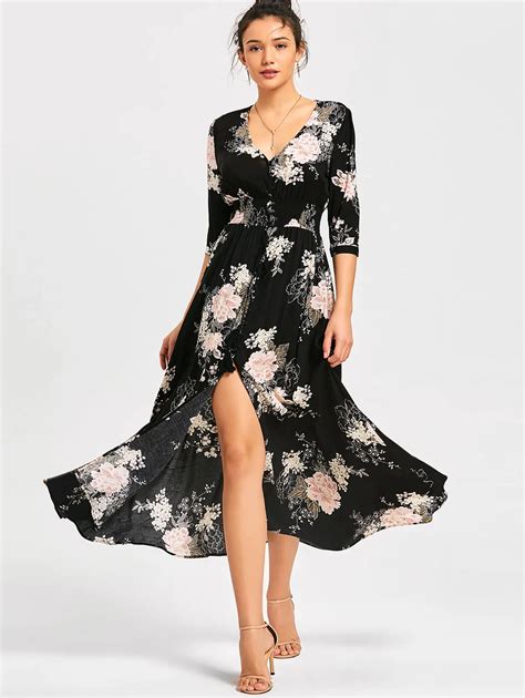 ZAFUL Boho style long dress women V neck beach summer dresses Floral print Vintage Black ...