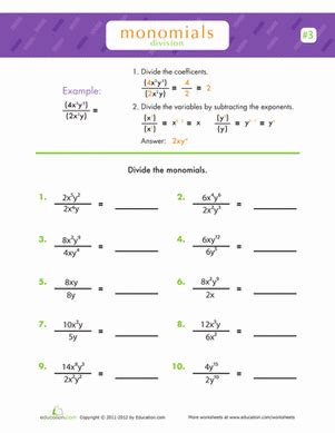 Dividing Monomials - Algebra Worksheets | Education.com