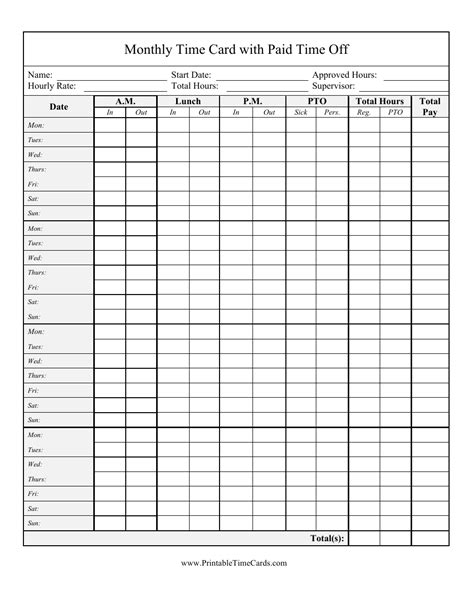 Monthly Time Card Template With Paid Time off - Fill Out, Sign Online ...