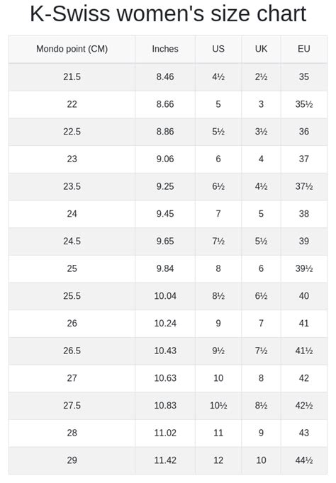 K-Swiss men's and women's size chart | RunRepeat