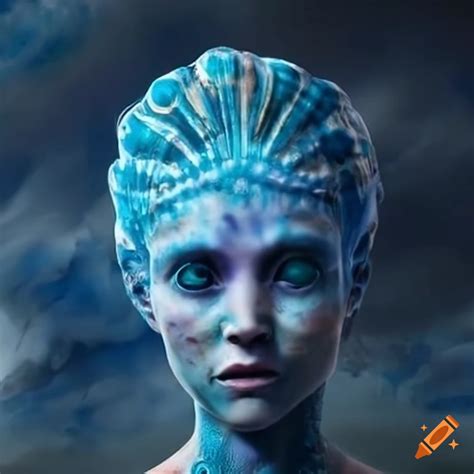 Artwork of a blue hybrid human and seashell queen on Craiyon