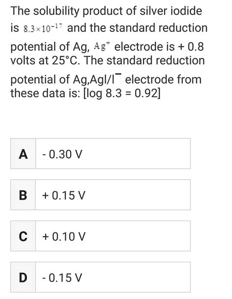 The solubility product of silver iodide is 8 3 × 10^-17 and the ...