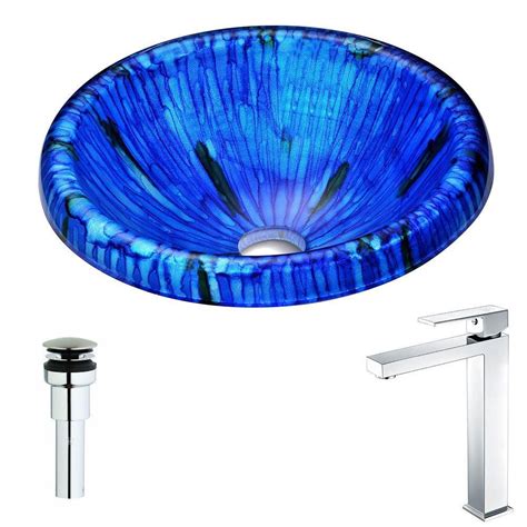 ANZZI Sul Series Deco-Glass Vessel Sink in Lustrous Blue with Enti ...