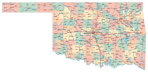 Large administrative map of Oklahoma state with roads, highways and ...