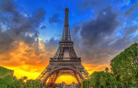 Wallpaper the sky, trees, sunset, France, Paris, Eiffel tower, Paris, architecture, France ...
