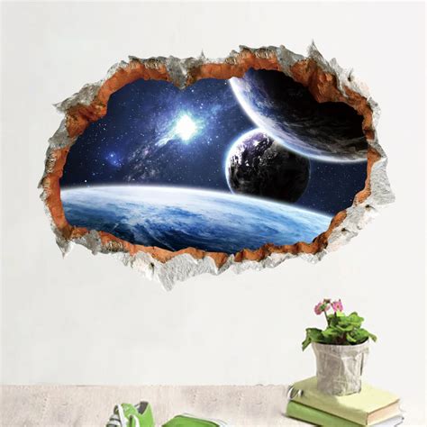 3D Broken Wall Decor Universe Planet Wall Stickers for Kids Rooms Home Decor DIY Outer Space ...