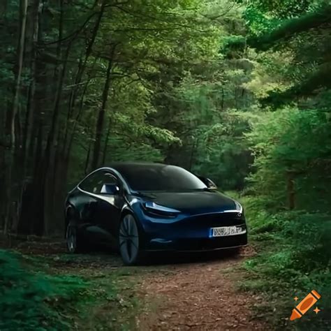 Tesla model y 2024 on a forest path on Craiyon