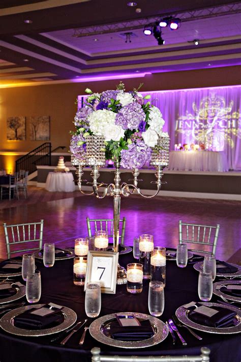 Tall Silver Candelabra Centerpiece with Purple Accents