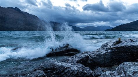 Sea, 4K, ocean, rocks, wave, clouds HD Wallpaper