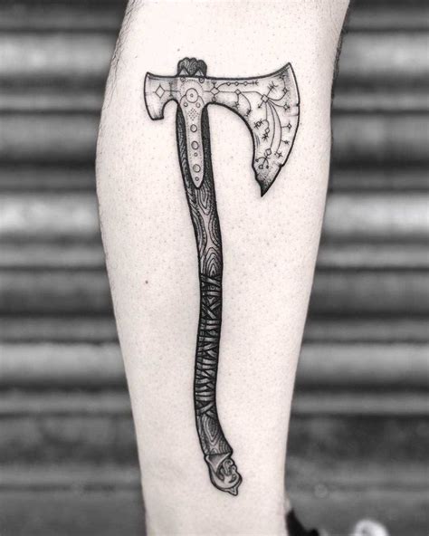 Norse ax tattoo by Lozzy Bones inked on the right calf Tiger Tattoo Sleeve, Viking Tattoo Sleeve ...