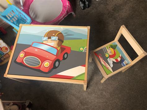 Personalised Children's Ikea LATT Wooden Table and 1 Chair Printed Race Car Wheels Road Track ...