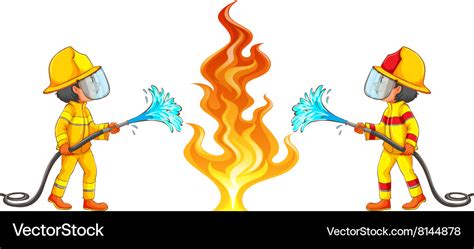 Two firemen putting out fire Royalty Free Vector Image