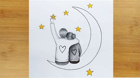 How to draw Romantic Couple sitting on the Moon - with Pencil Sketch - YouTube