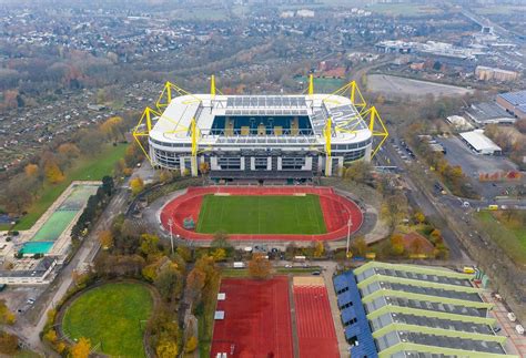 Aerial view of German BVB Stadium Signal Iduna Park and outdoor sports field in Dortmund ...