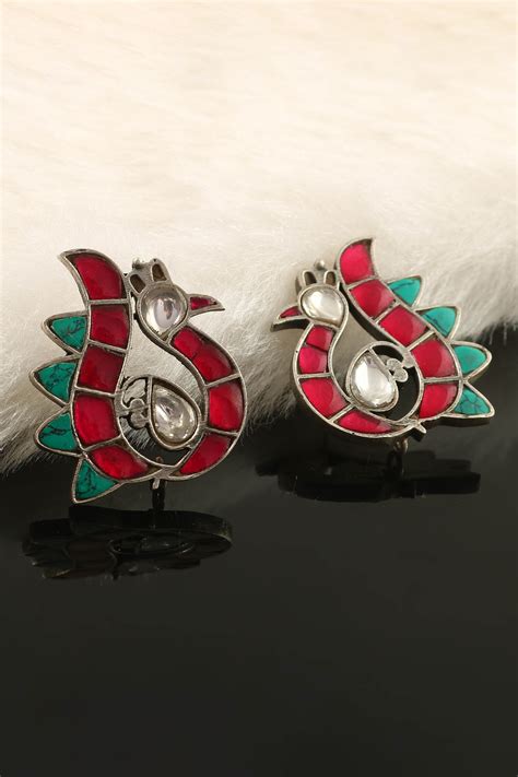 Buy Palace of Silver Peacock Shaped Stud Earrings Online | Aza Fashions