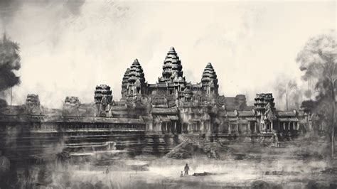 Angkor Wat Cambodia Illustration in Black and White Pencil Sketch ...