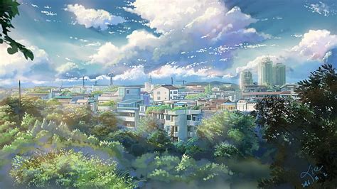 HD wallpaper: landscape, anime, cityscape, outdoors, sky, clouds, trees, 2016 (Year) | Wallpaper ...